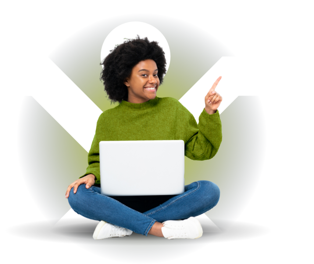 A student with their laptop smiling and pointing at their DipIFR platinum online course. 